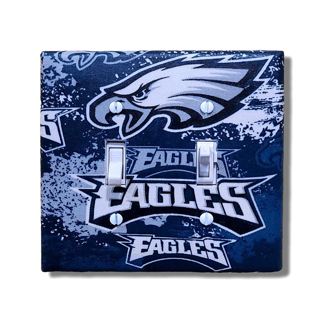 Handmade Philadelphia Eagles Flight Nation decorative light switch cover featuring Eagles logo and text in midnight green and white on distressed background—officially licensed NFL switch plates from Black-owned home décor.