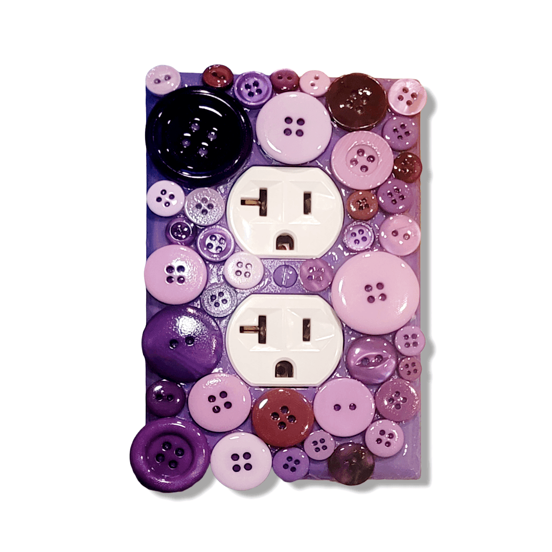 Purple rain button treasure vintage switch plate with glossy and patterned buttons in eggplant, royal purple, lavender and mauve tones, handmade by Black-owned Kustom Kreationz by Kila