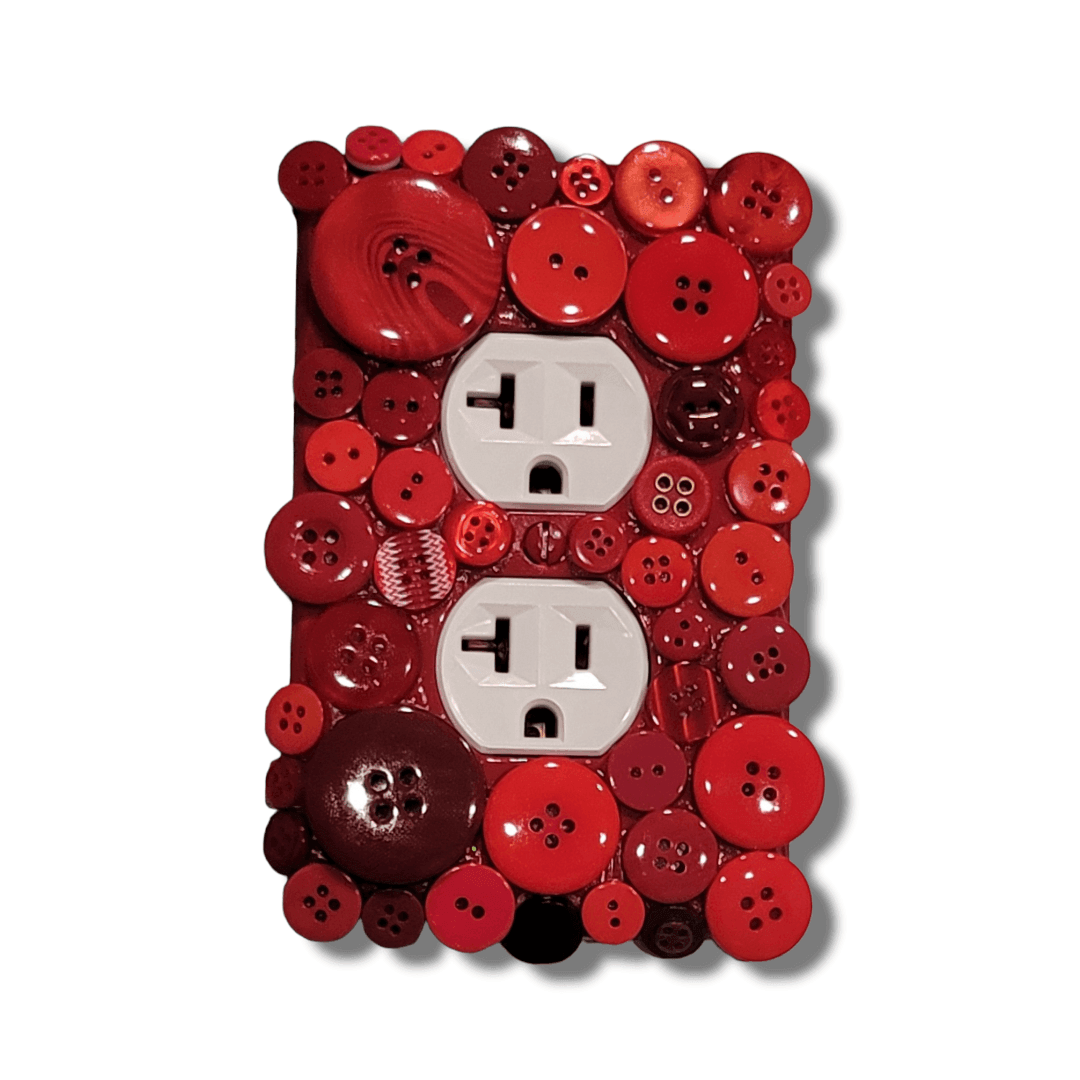 Red velvet button treasure vintage switch plate with glossy and matte buttons in cherry red, burgundy, wine and deep red tones, handmade by Black-owned Kustom Kreationz by Kila Kila