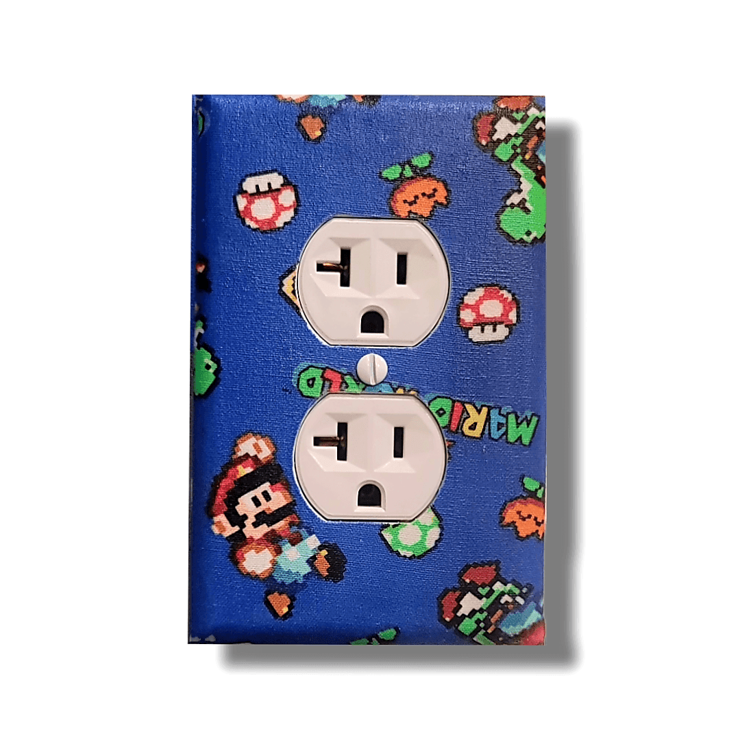 Handmade Super Mario World 8-Bit decorative light switch cover featuring retro pixel art with Yoshi, question blocks, mushrooms on bright blue background—officially licensed Nintendo switch plates from Black-owned home décor.
