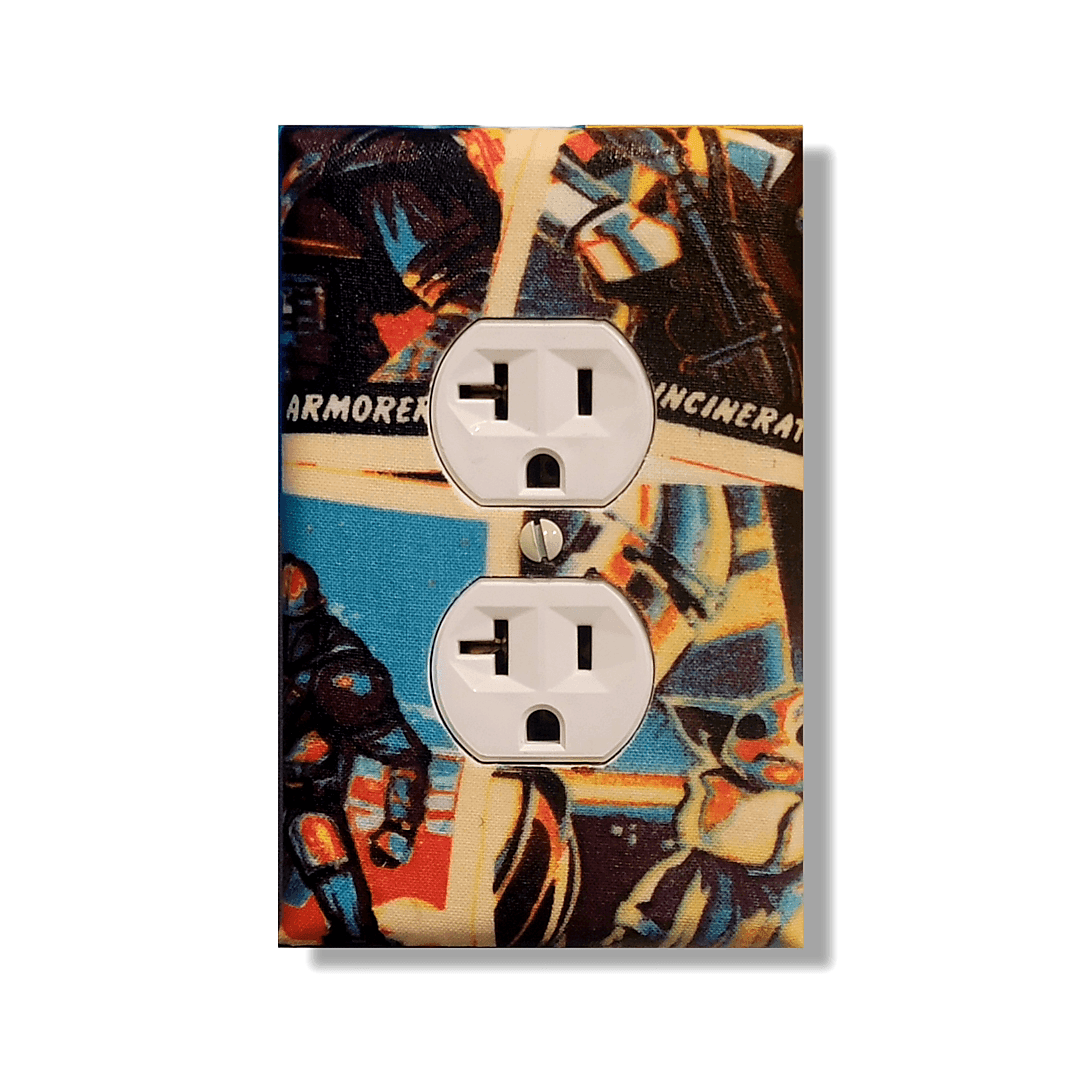 Handmade The Armorer's Way Star Wars decorative light switch cover featuring The Armorer and Mandalorian warriors with galaxy backdrop in vintage poster style—officially licensed Mandalorian switch plates from Black-owned home décor.