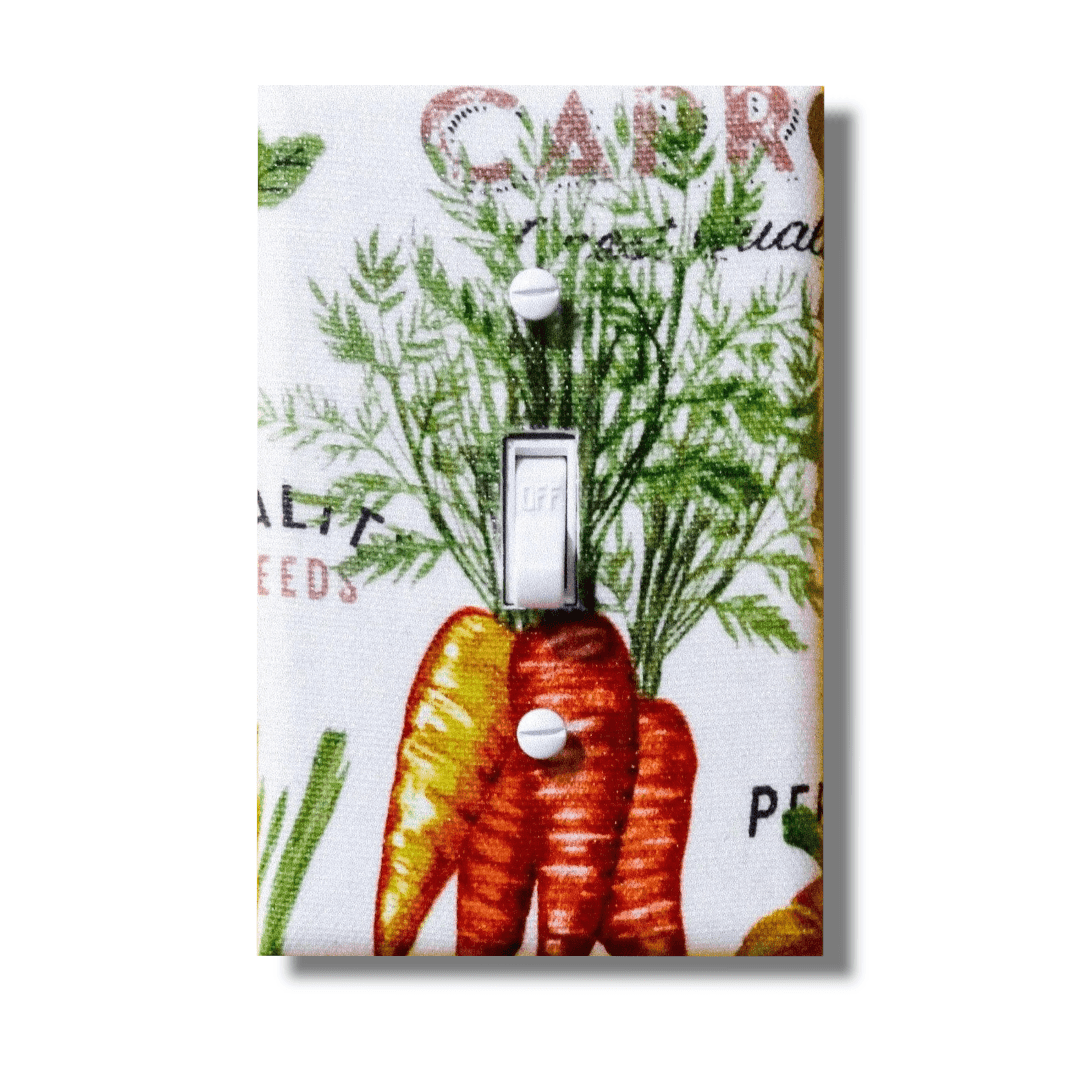 White Vintage Harvest Vegetables  Fabric Light Switch | Wall Plate | Outlet Covers | Toggle | Switchplate