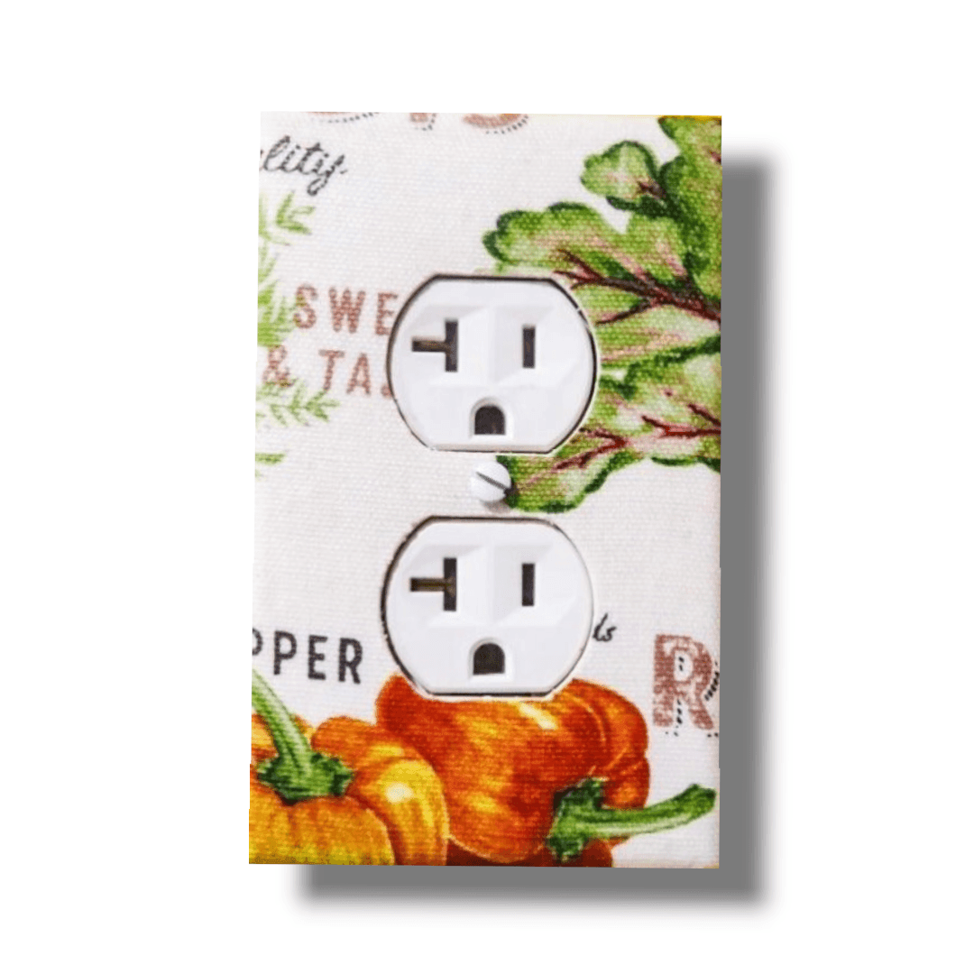 White Vintage Harvest Vegetables  Fabric Light Switch | Wall Plate | Outlet Covers | Toggle | Switchplate - Kustom Kreationz by Kila